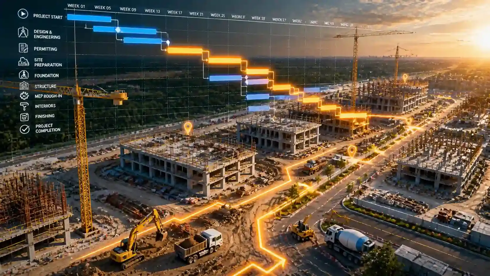 Aerial view of a construction site with cranes, machinery, & a glowing CPM Gantt chart overlay